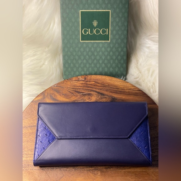 GUCCI Navy Blue & Royal Ostrich Leather Wallet w/Box - Picture 2 of 11